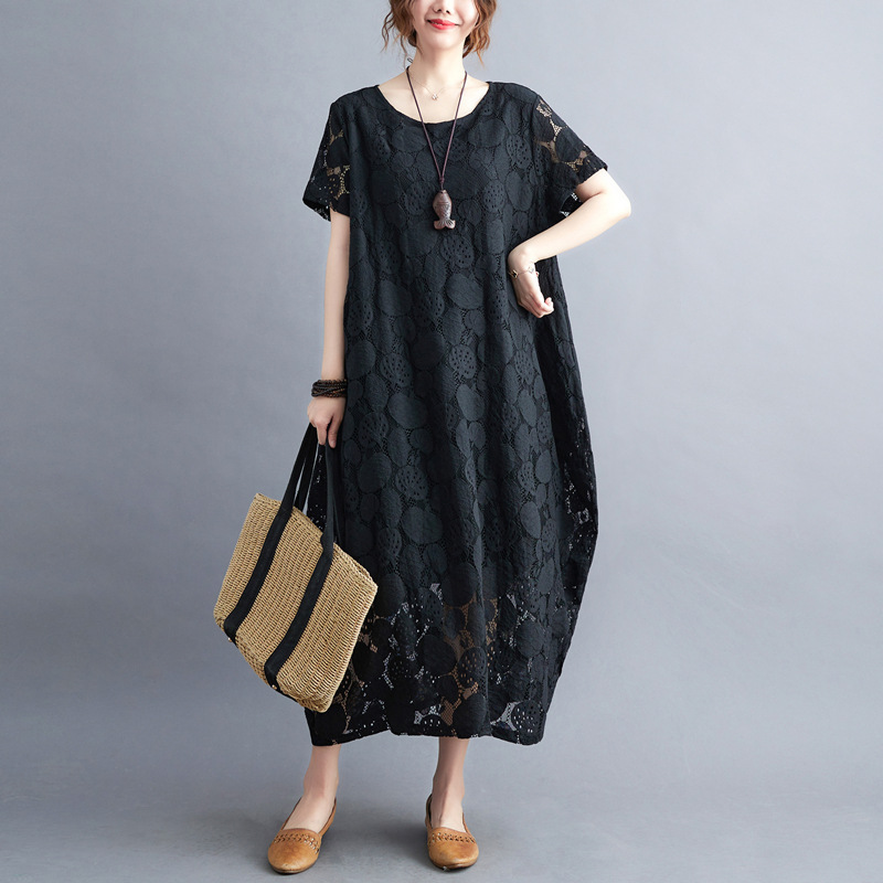 大人かわいい服 花模様レース透かしゆったりワンピース