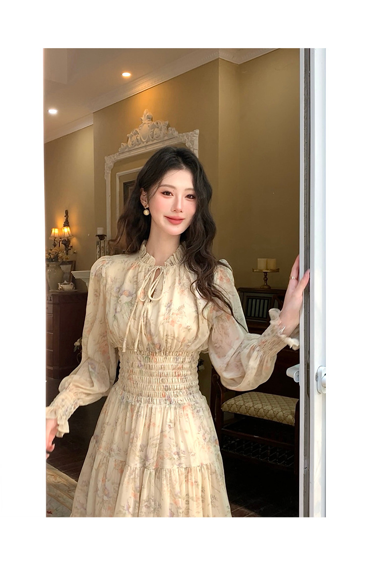 大人かわいい服 花柄シャーリングウエストロング丈ワンピース