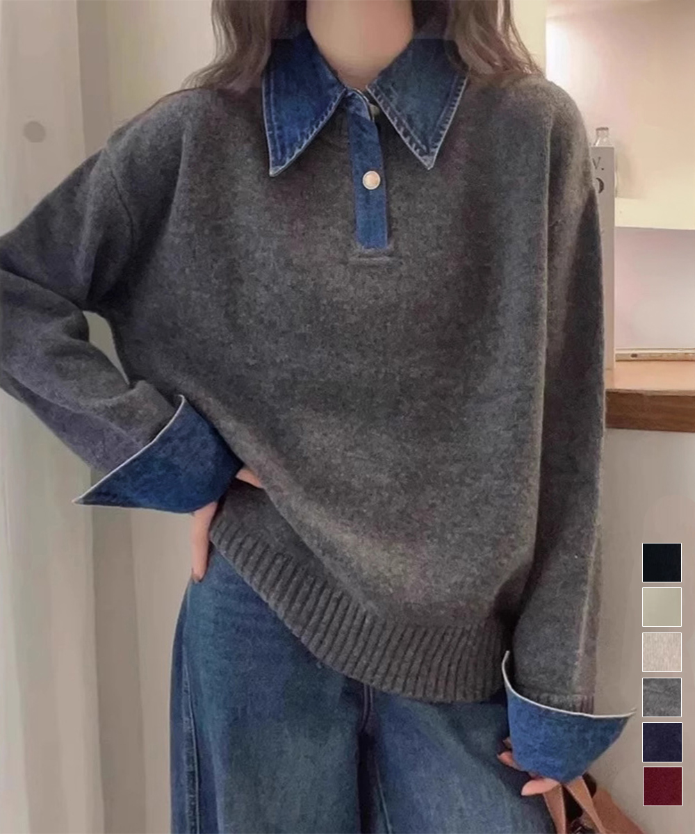 大人かわいい服 デニム切り替えレイヤード風ニットポロ