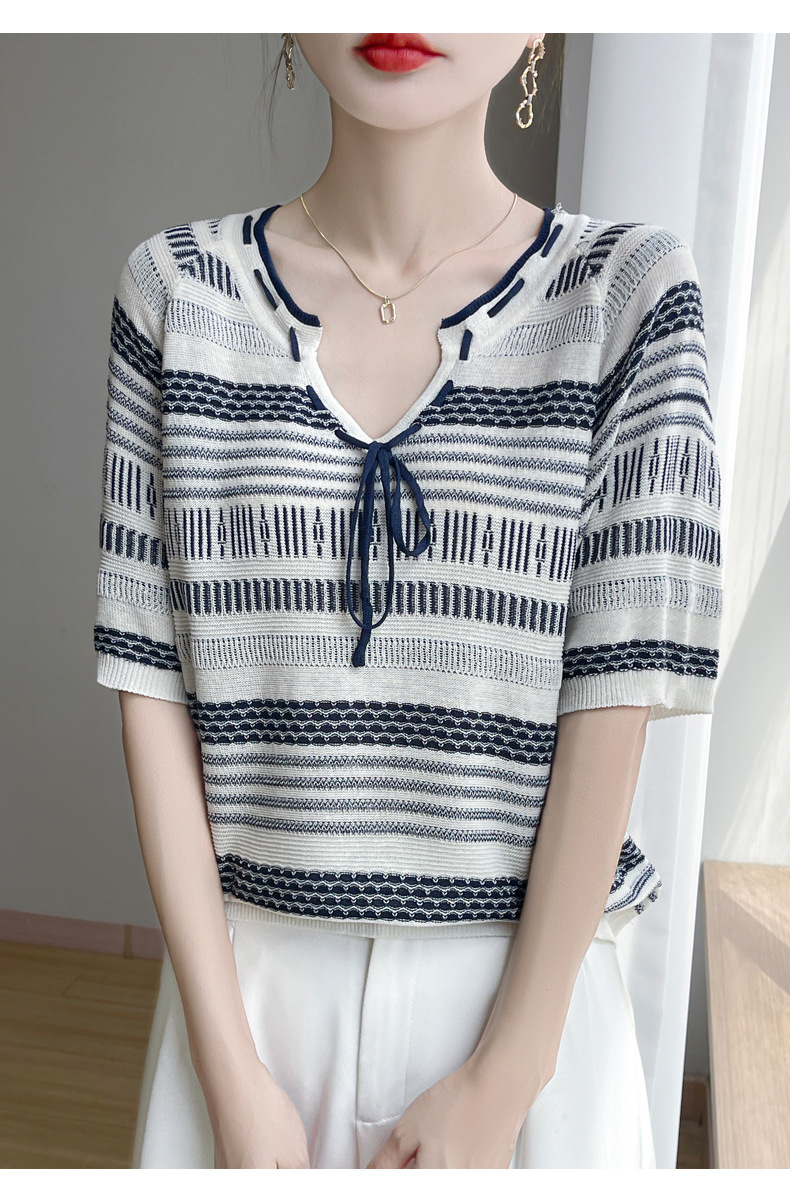 大人かわいい服 リボン付き編み模様ニットプルオーバー