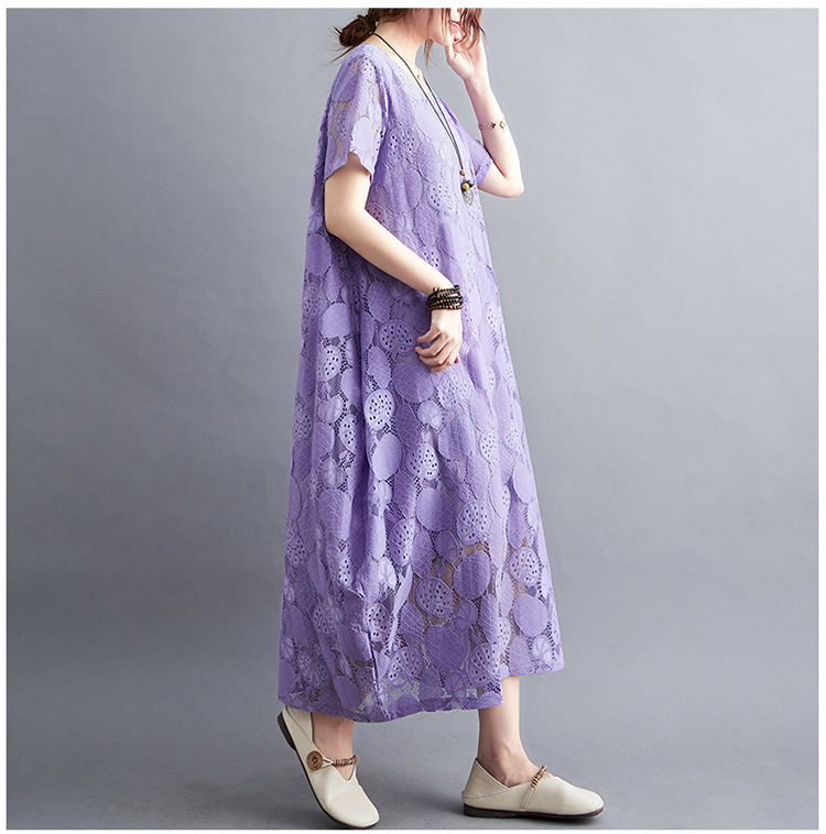 大人かわいい服 花模様レース透かしゆったりワンピース