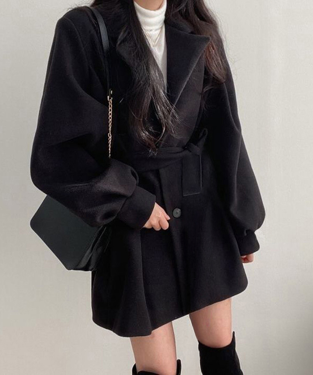 大人かわいい服 ぽわん袖ウエストベルト付きミドル丈チェスターコート 