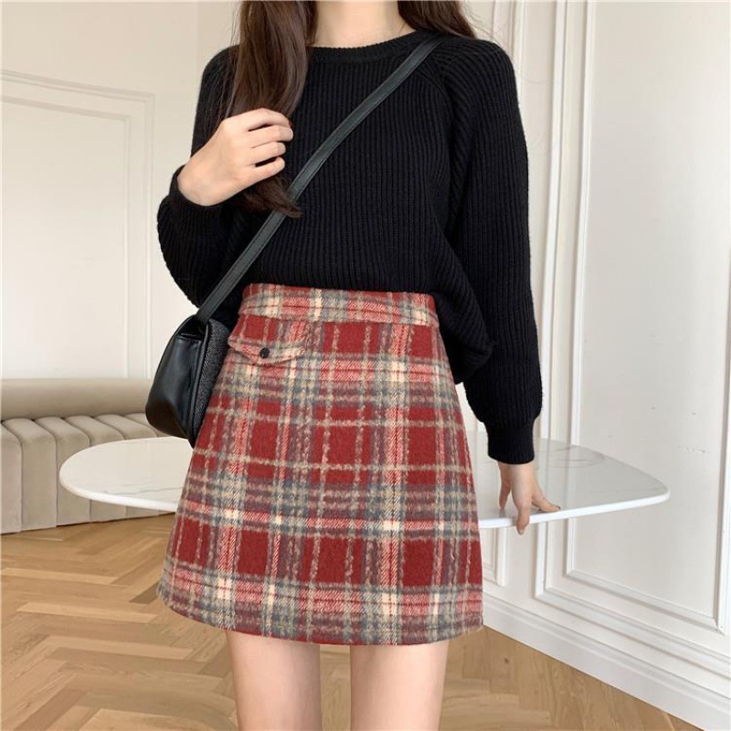 大人かわいい服 チェック柄ウール混台形ミニスカート