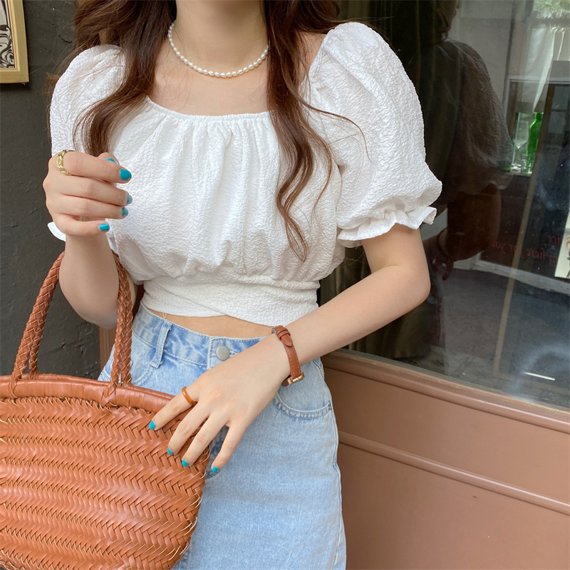 大人かわいい服 ふんわり姫袖ショートブラウス