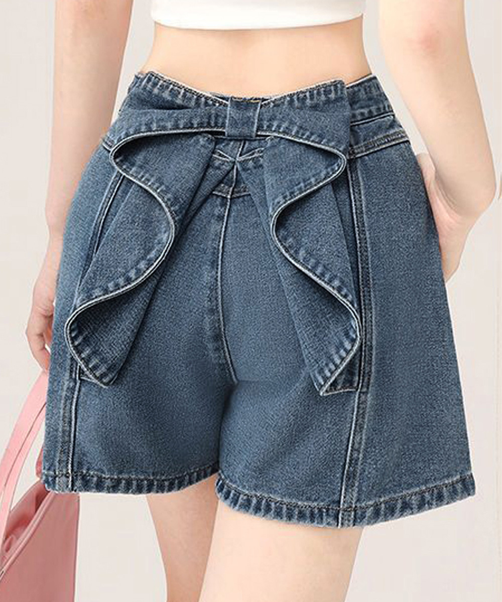 大人かわいい服 バックリボン美脚デニムショートパンツ