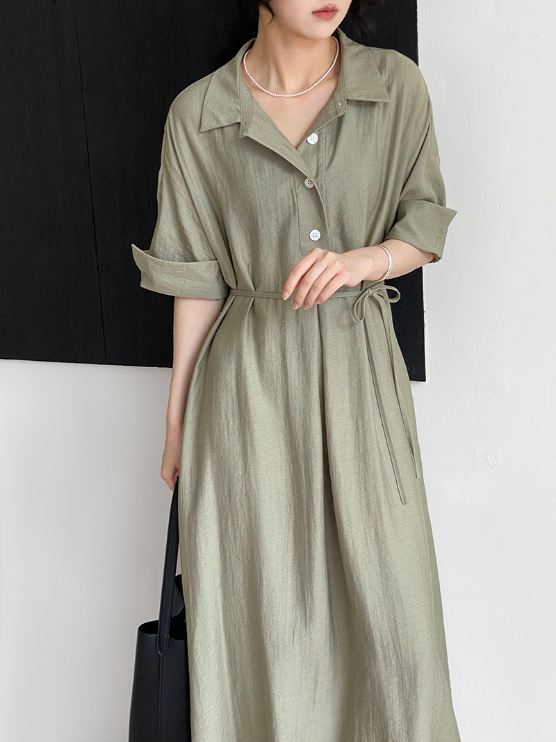 大人かわいい服 麻風合いシャツ襟ロングワンピース