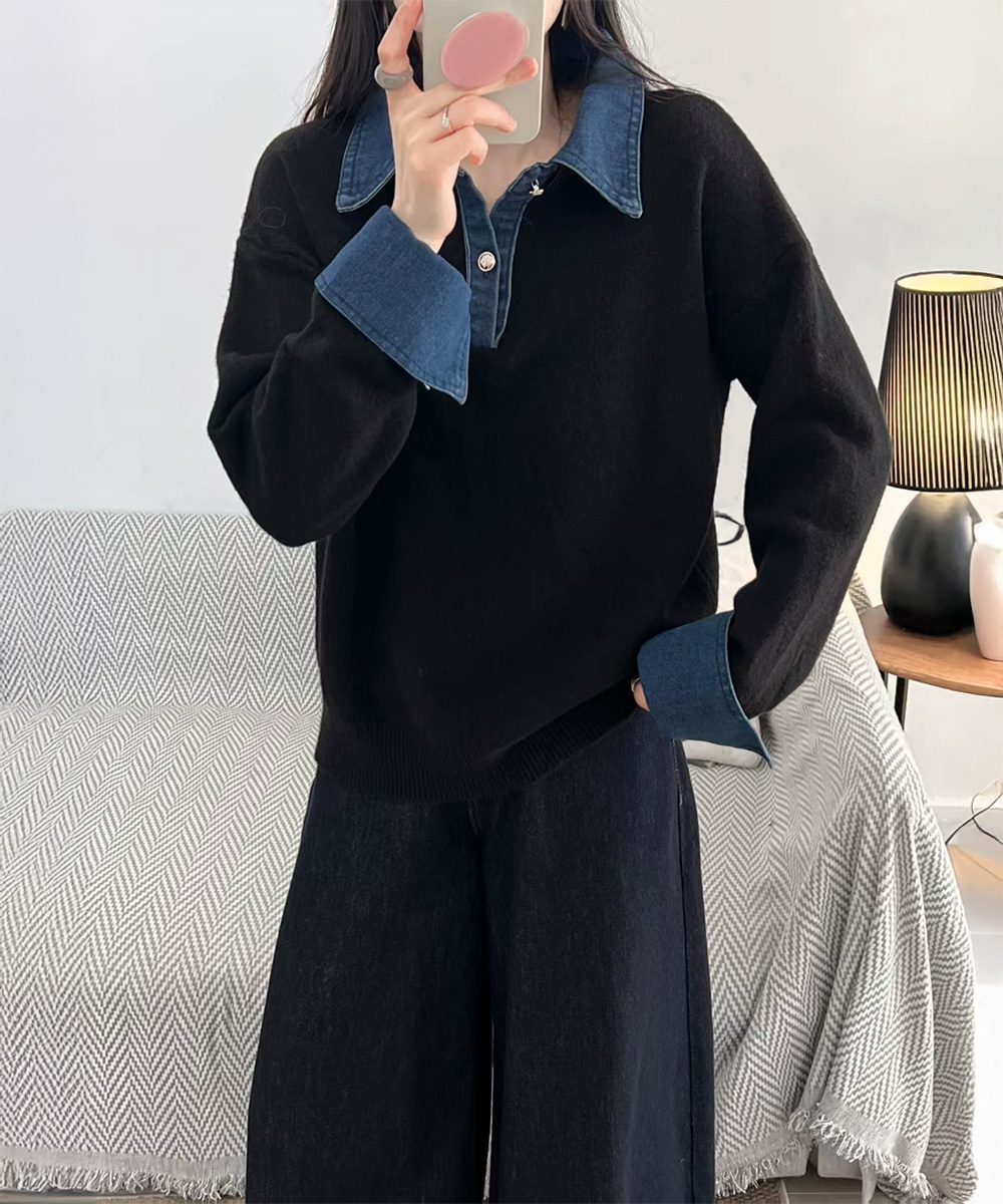 大人かわいい服 デニム切り替えレイヤード風ニットポロ