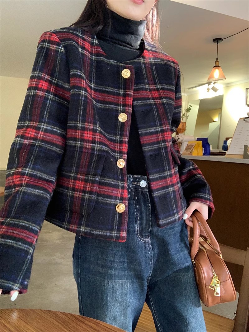 大人かわいい服 クラシックチェック柄ショート丈ジャケット