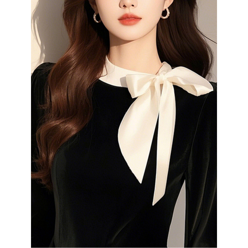 大人かわいい服 ベロアリボン襟付き長袖ブラウス