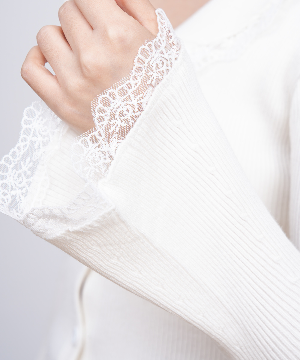 大人かわいい服 レース襟付き前開きリブニットカーディガン