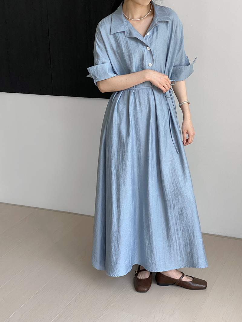 大人かわいい服 麻風合いシャツ襟ロングワンピース
