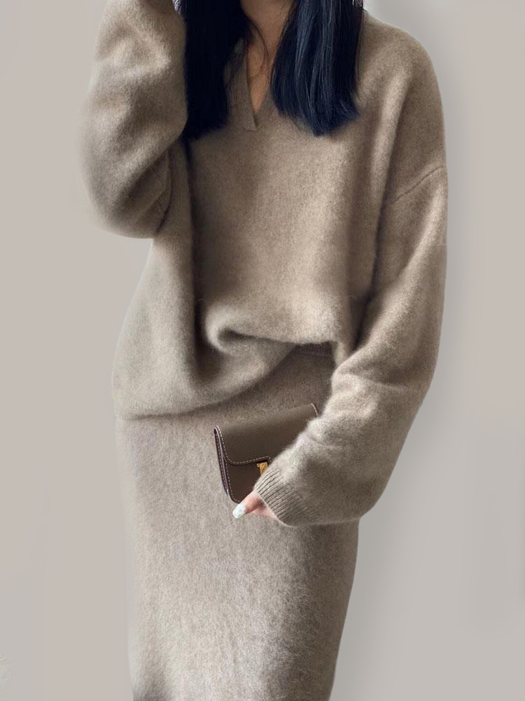 大人かわいい服 上品なブイネックニットセットアップ体型カバー長袖二点セット