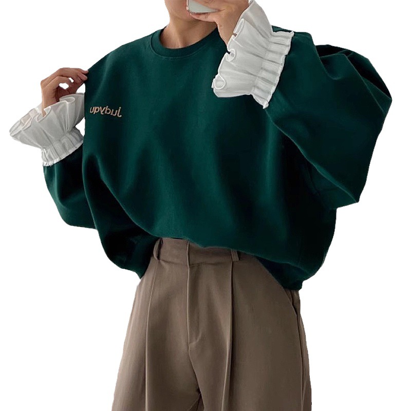 大人かわいい服 袖口フリル切替スウェットトレーナー