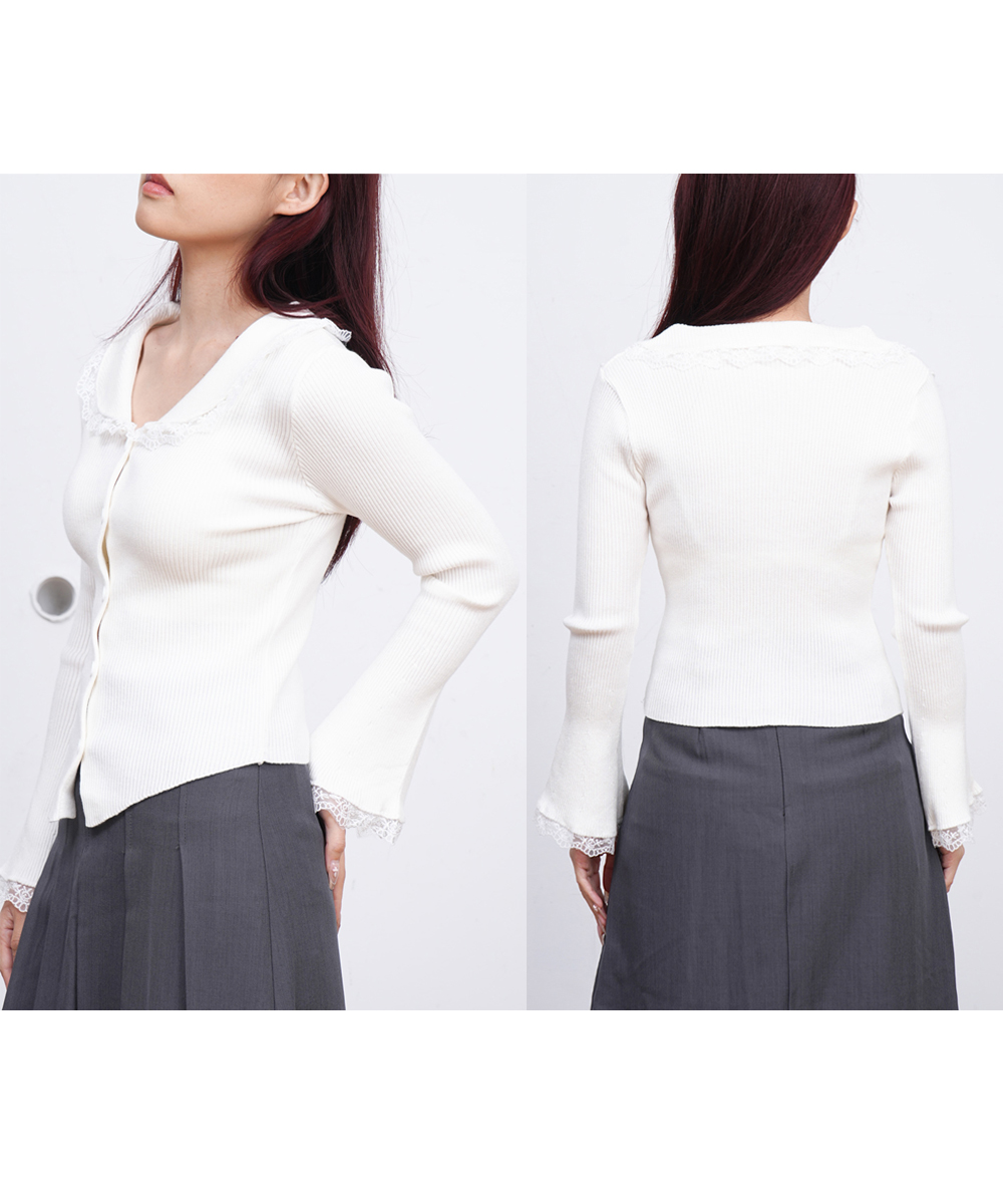 大人かわいい服 レース襟付き前開きリブニットカーディガン