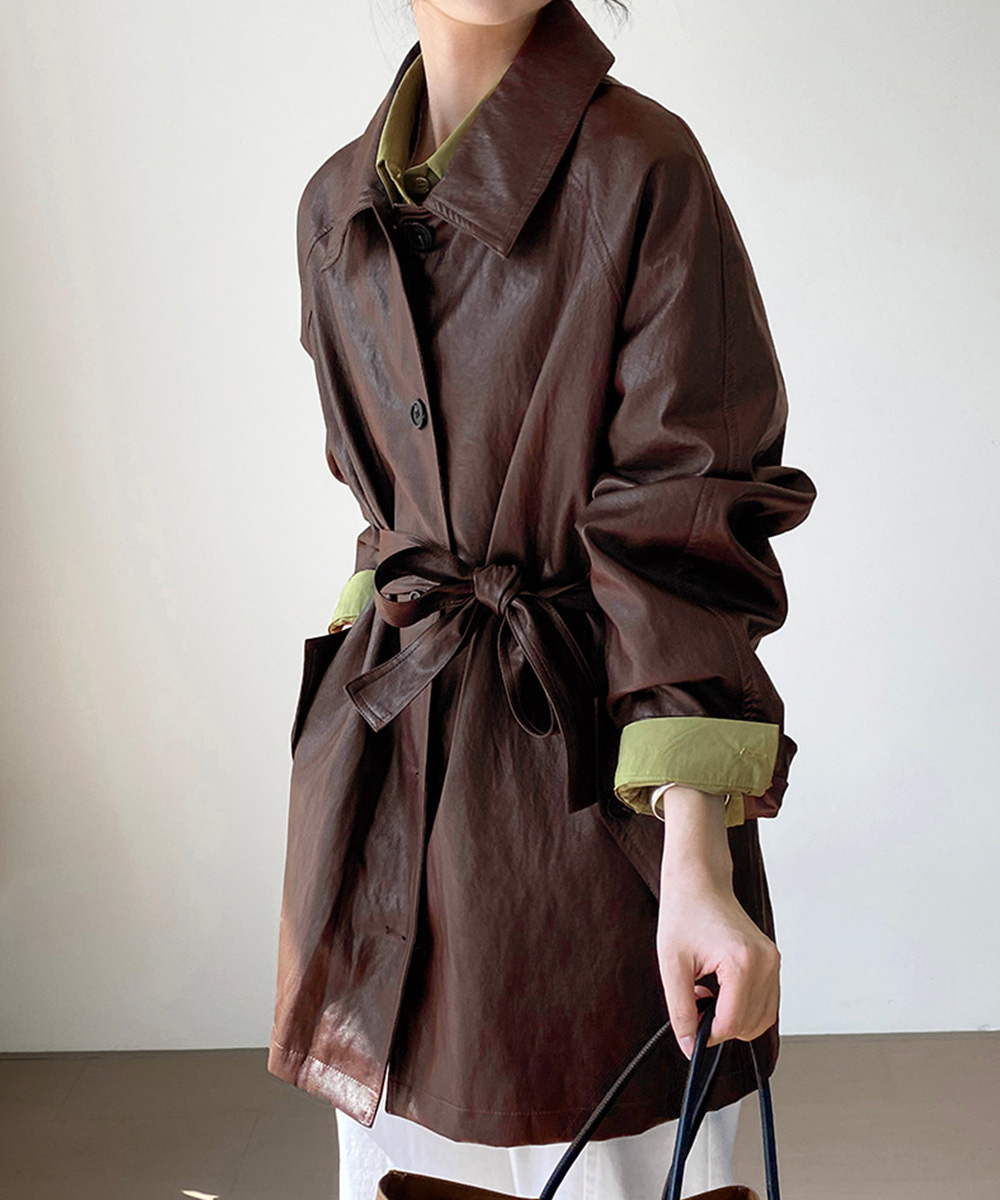 大人かわいい服 合皮ロングジャケット ウエストベルト付き秋冬アウター