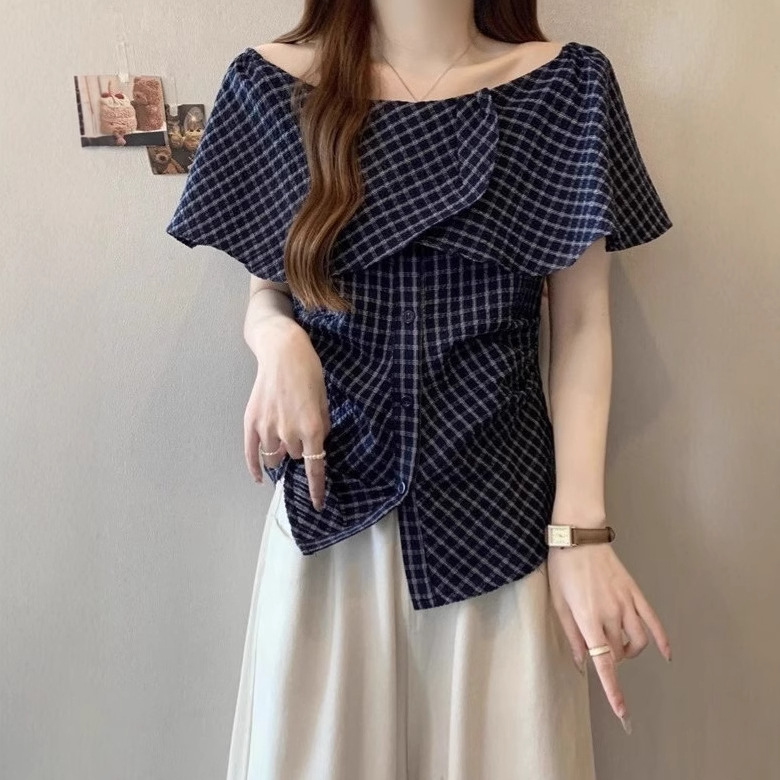 大人かわいい服 格子柄ドレープ肩出しブラウス