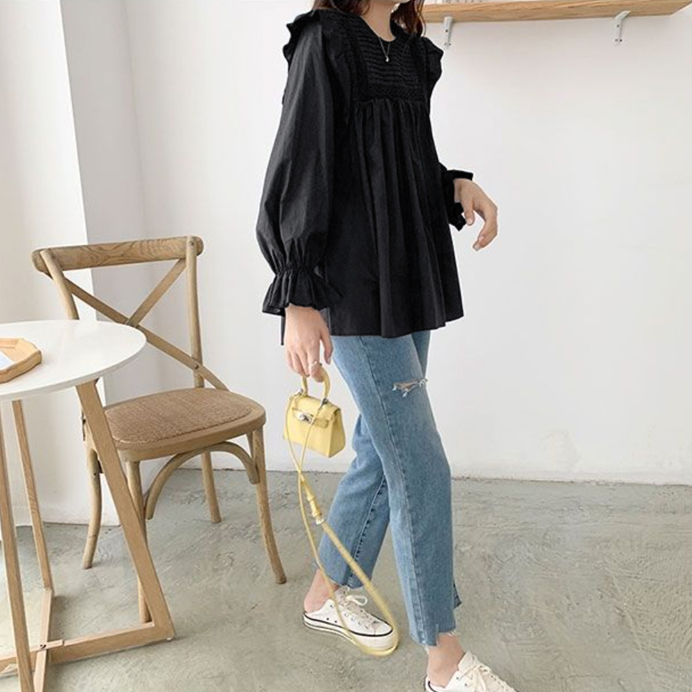 大人かわいい服 ふんわりフリル袖 タックブラウス