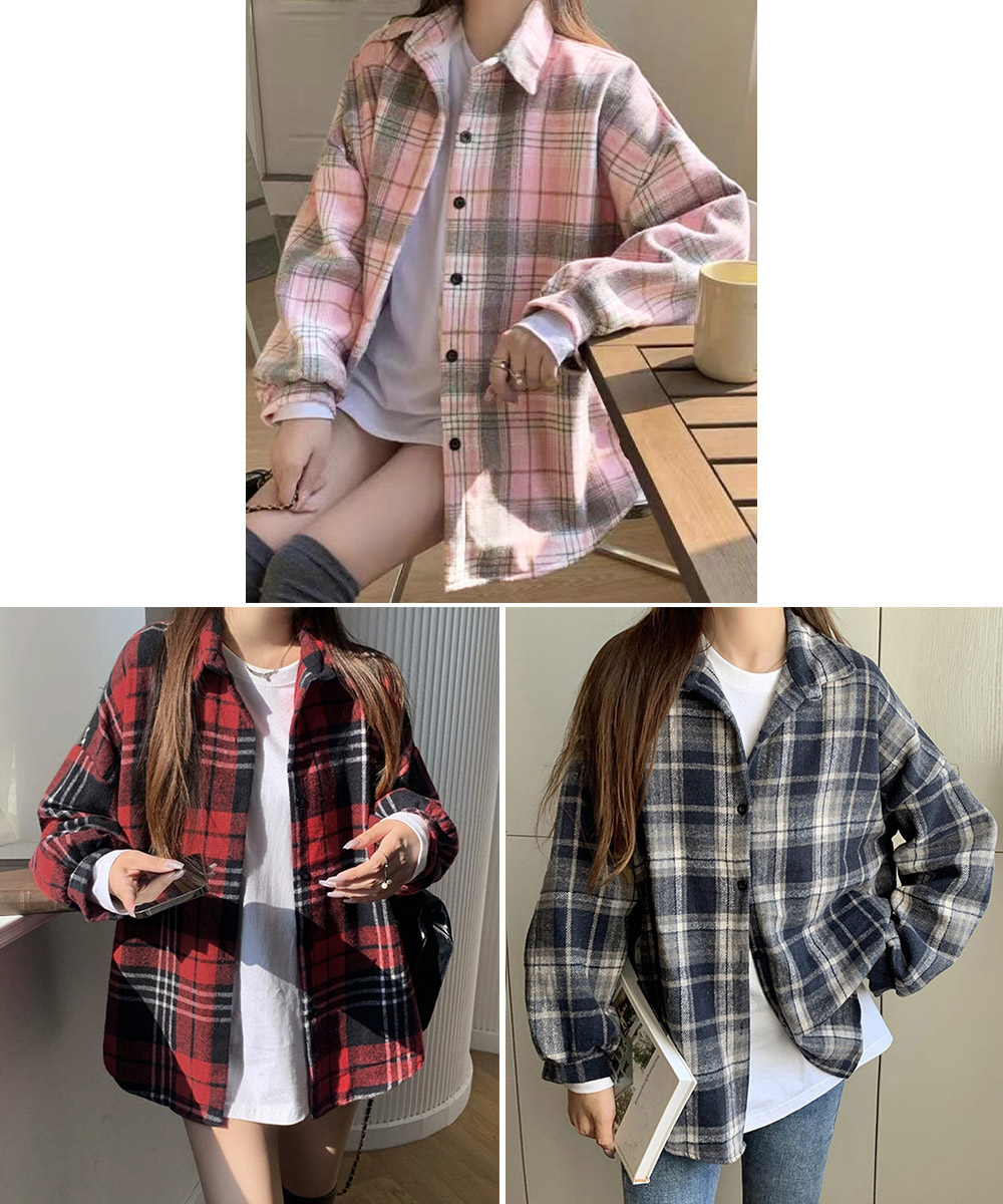 大人かわいい服 起毛チェックシャツ ゆったりネルシャツジャケット
