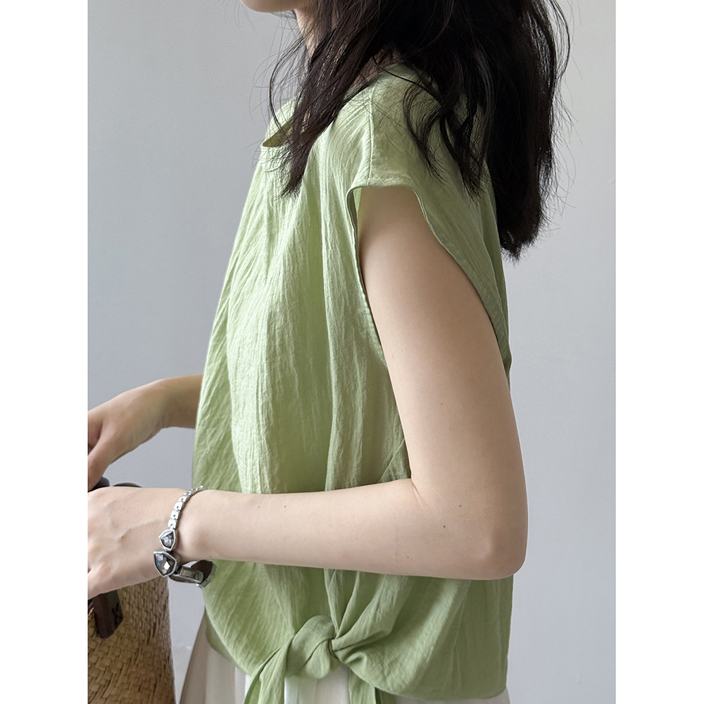 大人かわいい服 リボン結び麻混ノースリーブ
