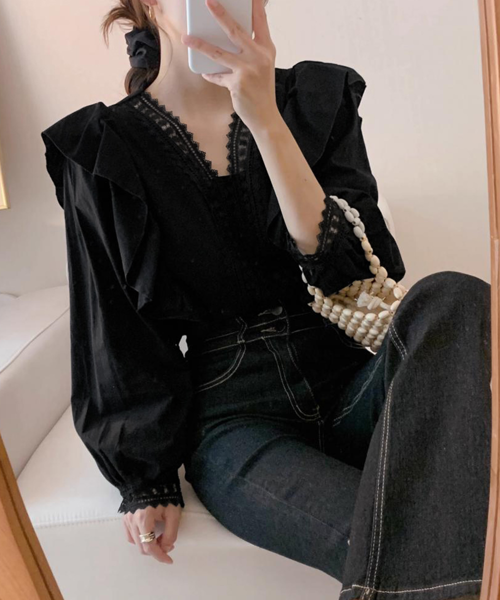 大人かわいい服 レース切替 ふんわりフリルブラウス 上品トップス