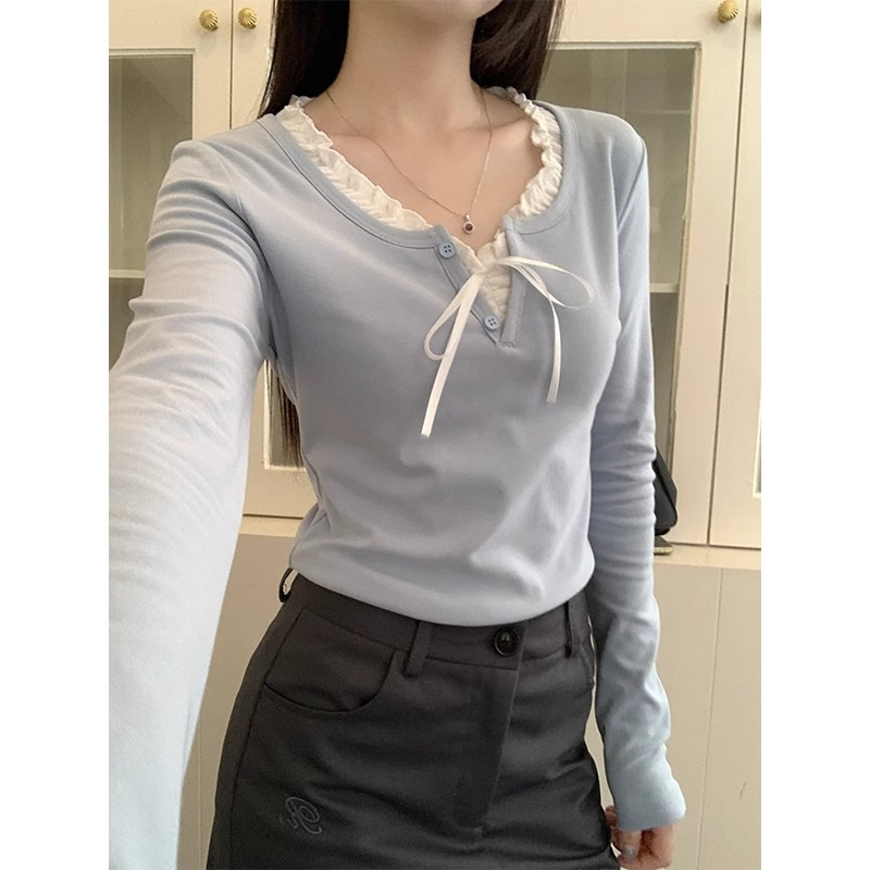 大人かわいい服 フリル襟リボン結び長袖カットソー