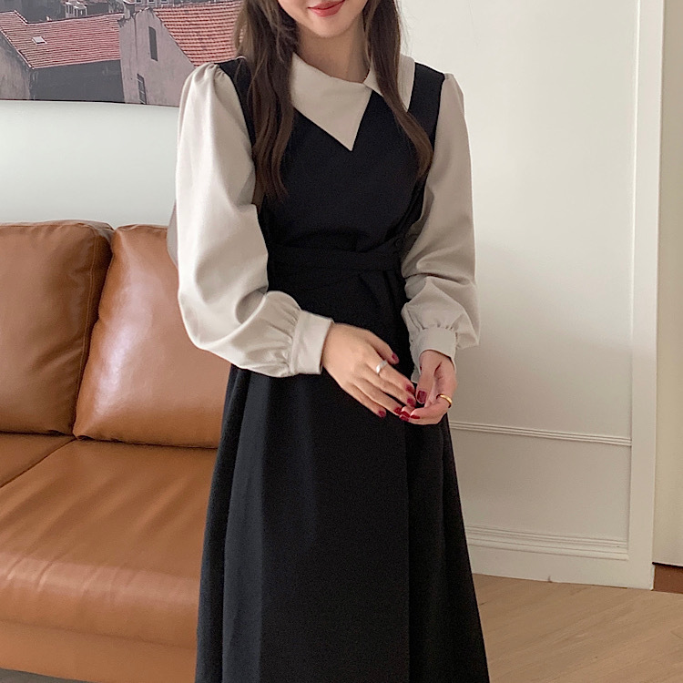 大人かわいい服 フレンチスタイル 配色襟レイヤード風ワンピース