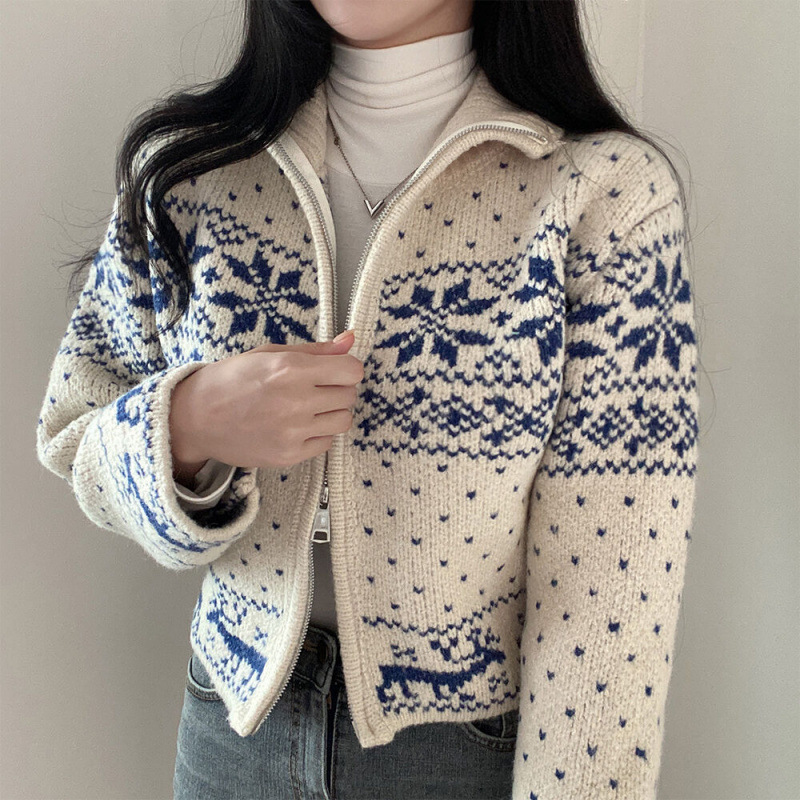 大人かわいい服 ノルディック柄ジップアップニットアウター