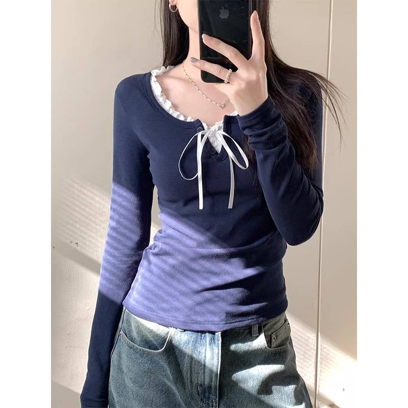 大人かわいい服 フリル襟リボン結び長袖カットソー