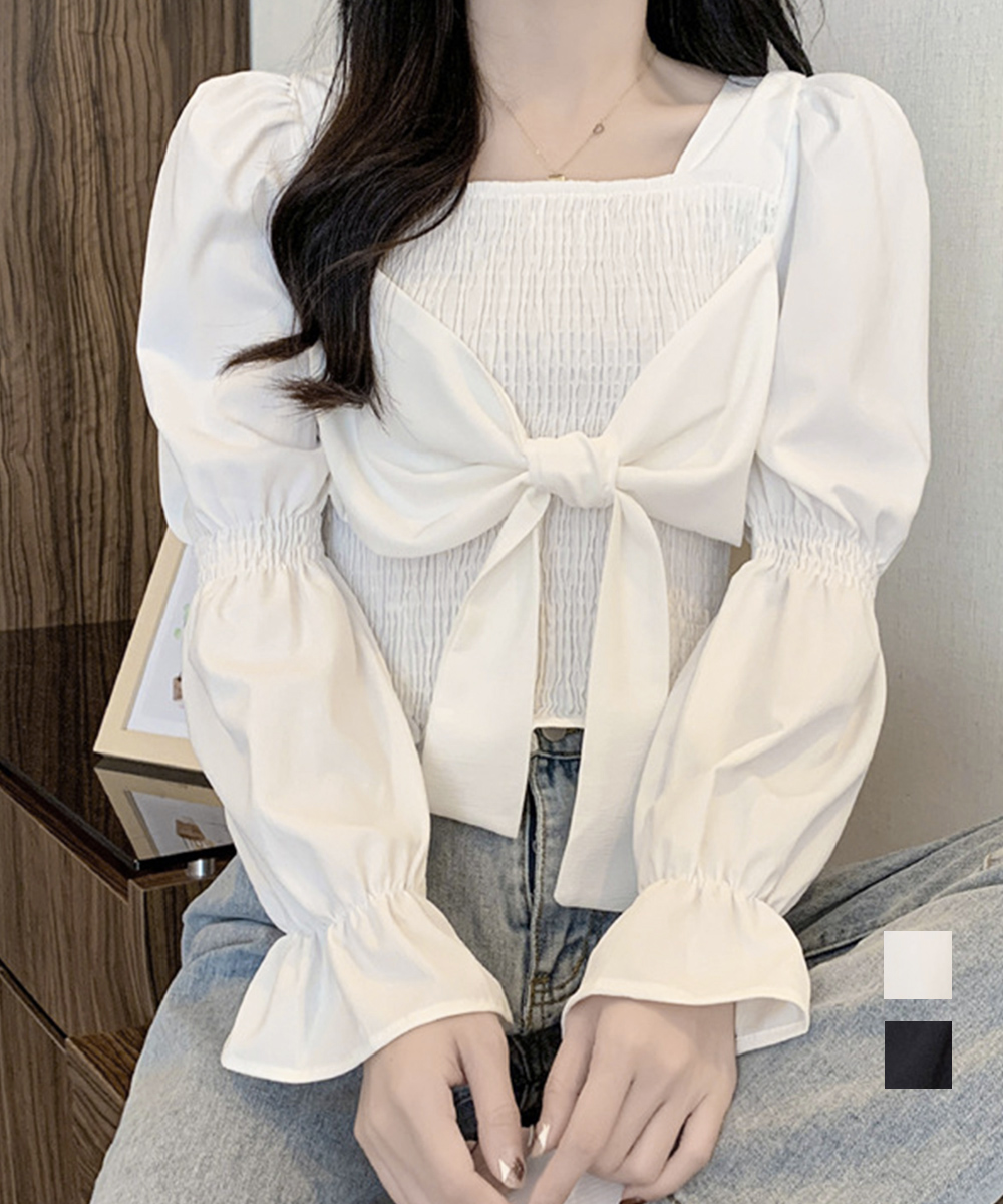 大人かわいい服 スクエアネック リボン付き シャーリングブラウス ショート丈