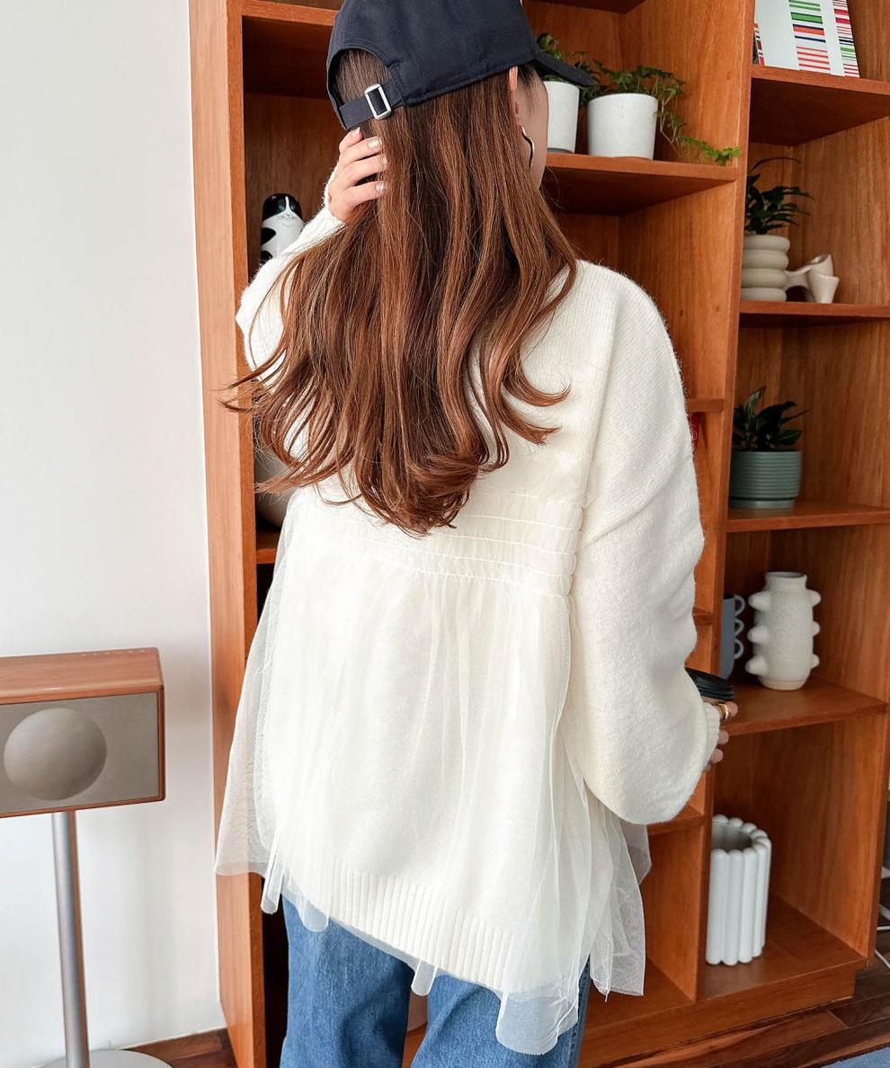 大人かわいい服 シアーチュール切替ニットプルオーバー