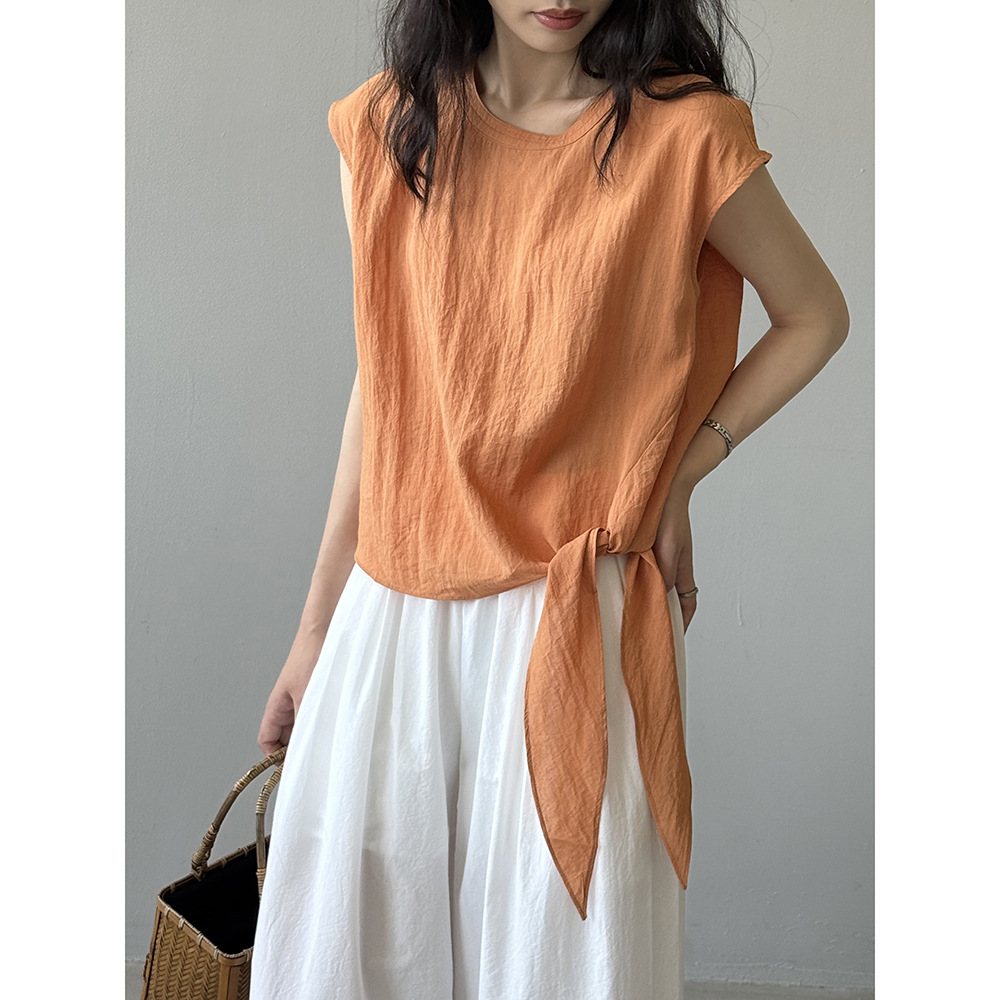 大人かわいい服 リボン結び麻混ノースリーブ