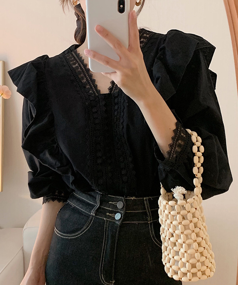 大人かわいい服 レース切替 ふんわりフリルブラウス 上品トップス