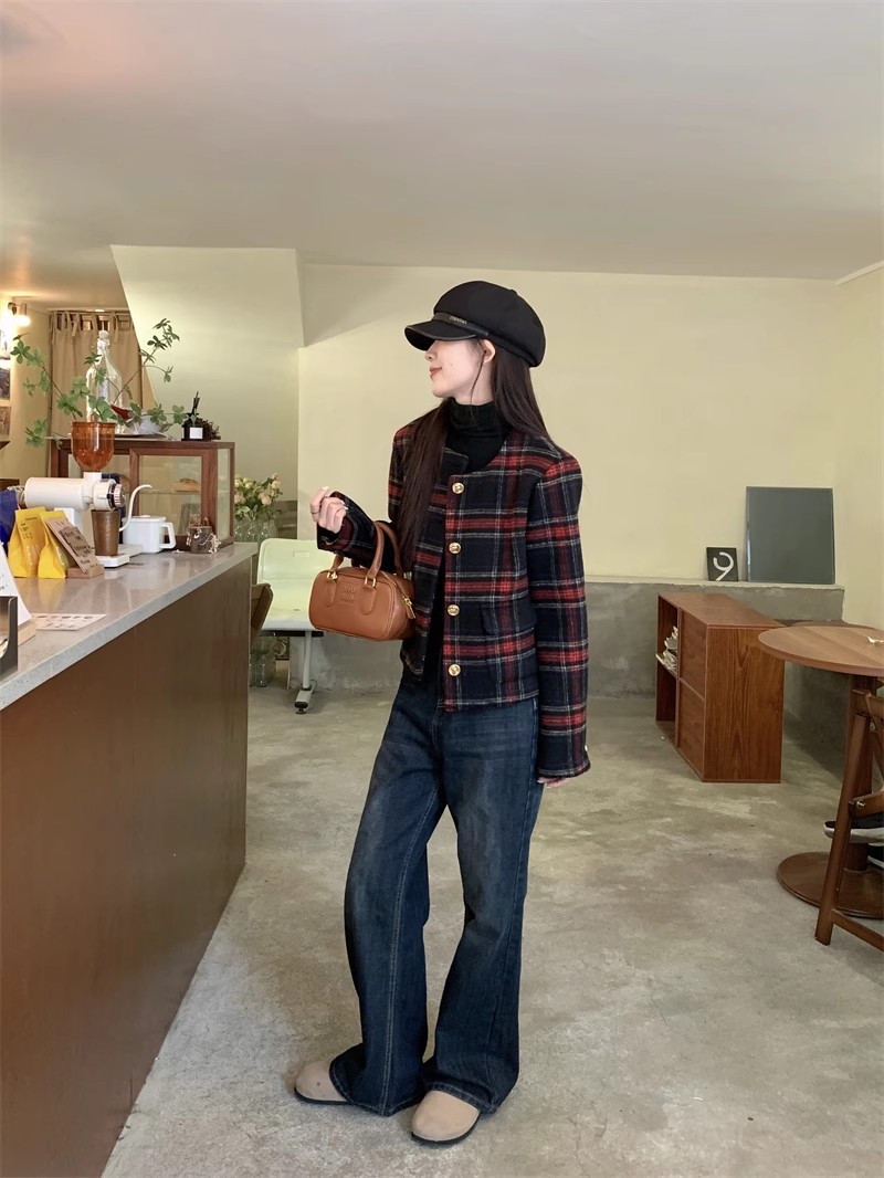 大人かわいい服 クラシックチェック柄ショート丈ジャケット