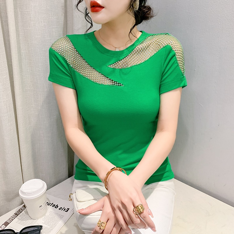 大人かわいい服 キラめき肩シースルーリブカットソー