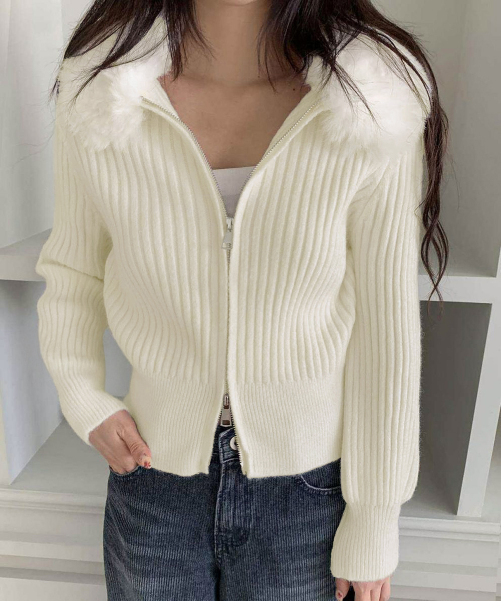 大人かわいい服 ふわふわファー襟リブニットカーディガン