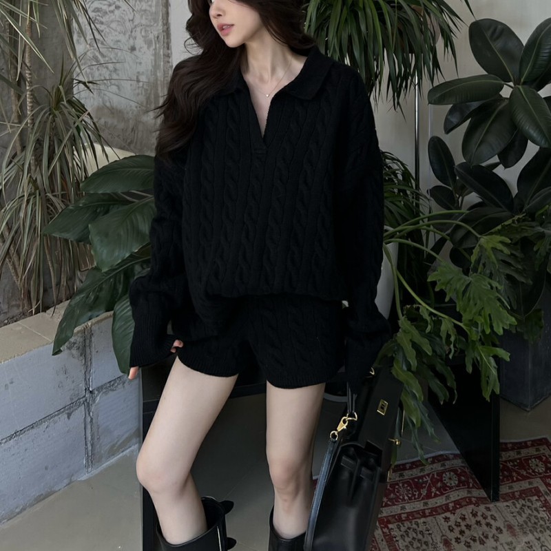 大人かわいい服 立体ケーブル編みニットトップス短パンツセットアップ