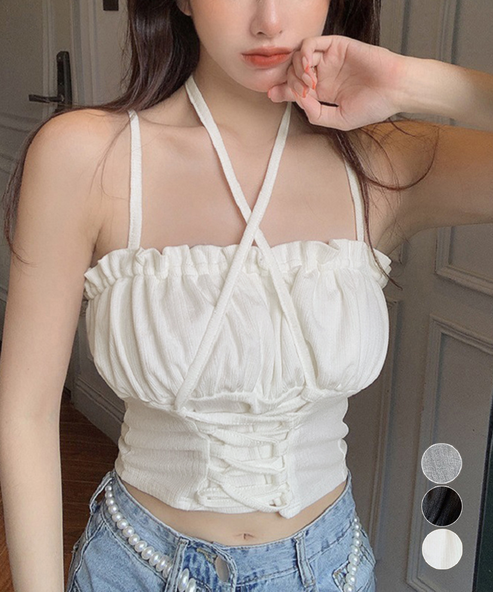 大人かわいい服 フリル編み上げニットキャミトップス