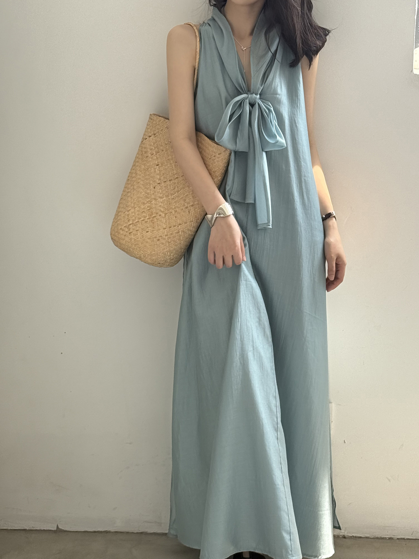大人かわいい服 風薫る優雅なリボンマキシワンピース