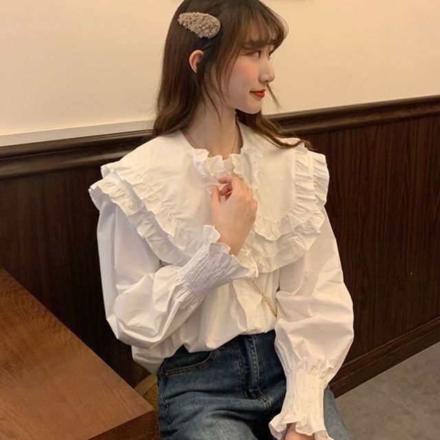 大人かわいい服 ビッグフリル襟シャーリング袖ブラウス