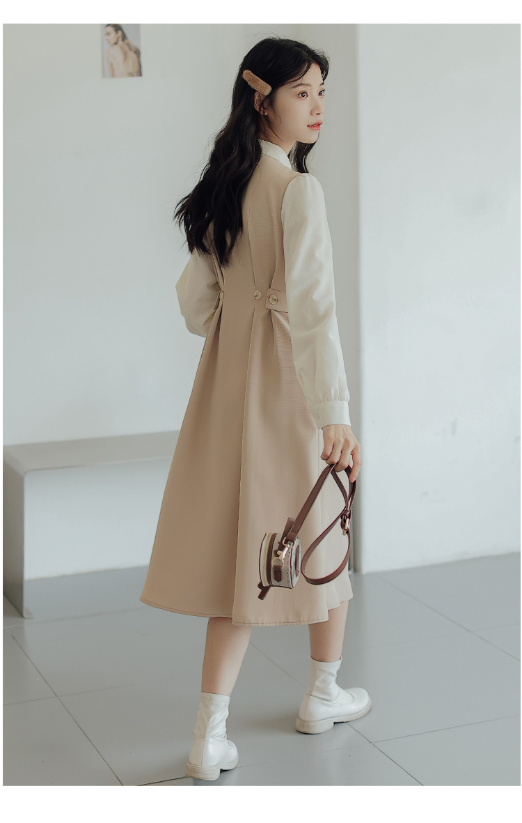 大人かわいい服 襟付きブラウス重ね着風ベルト付きワンピース