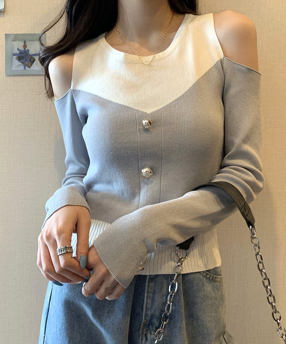 大人かわいい服 肩見せバイカラー リブニットトップス