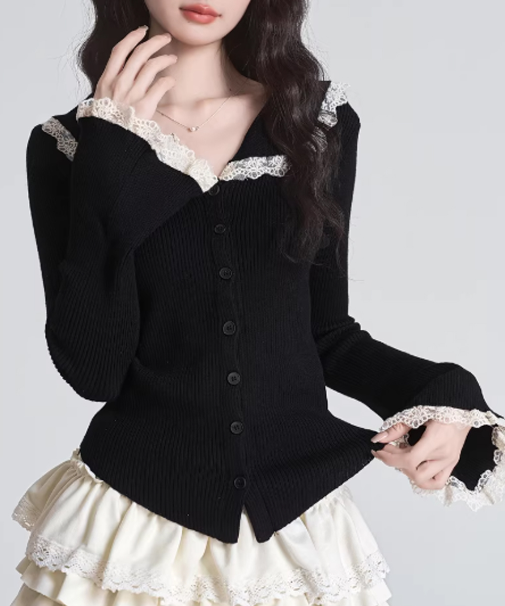 大人かわいい服 レース襟付き前開きリブニットカーディガン