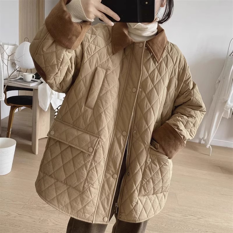 大人かわいい服 配色襟デザインキルティング中綿ジャケット