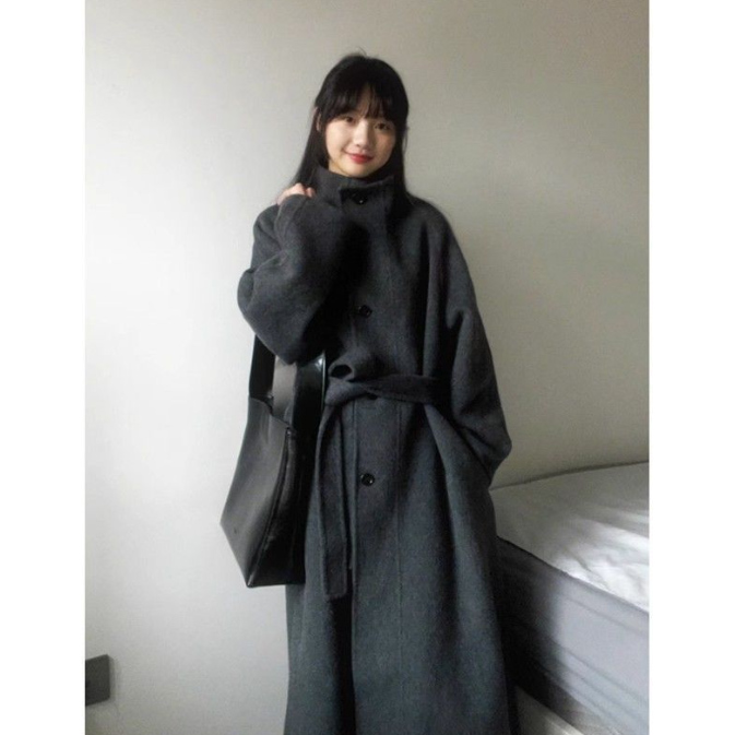 大人かわいい服 秋冬新作ベルト付ロングコート ゆったりシルエット