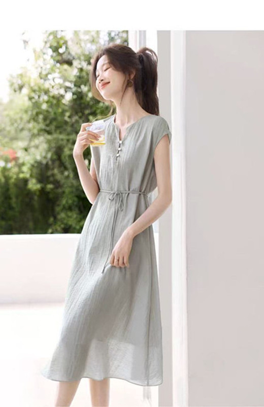 大人かわいい服 優美な風合い 麻調リラックスワンピース