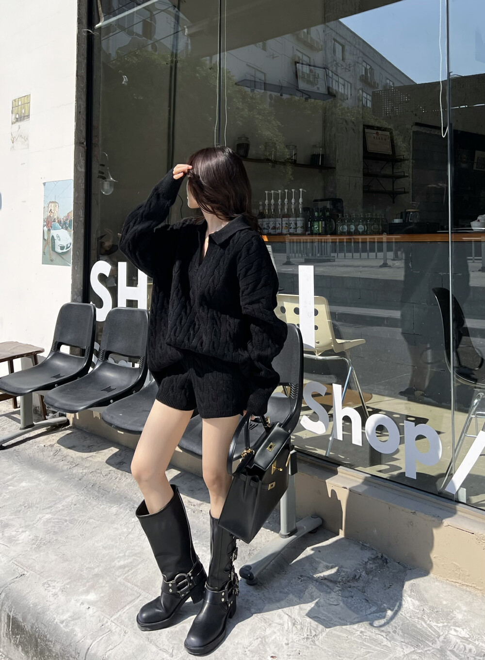 大人かわいい服 立体ケーブル編みニットトップス短パンツセットアップ