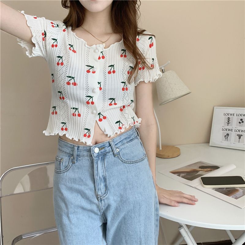 大人かわいい服 さくらんぼ柄レース編みフリル半袖トップス