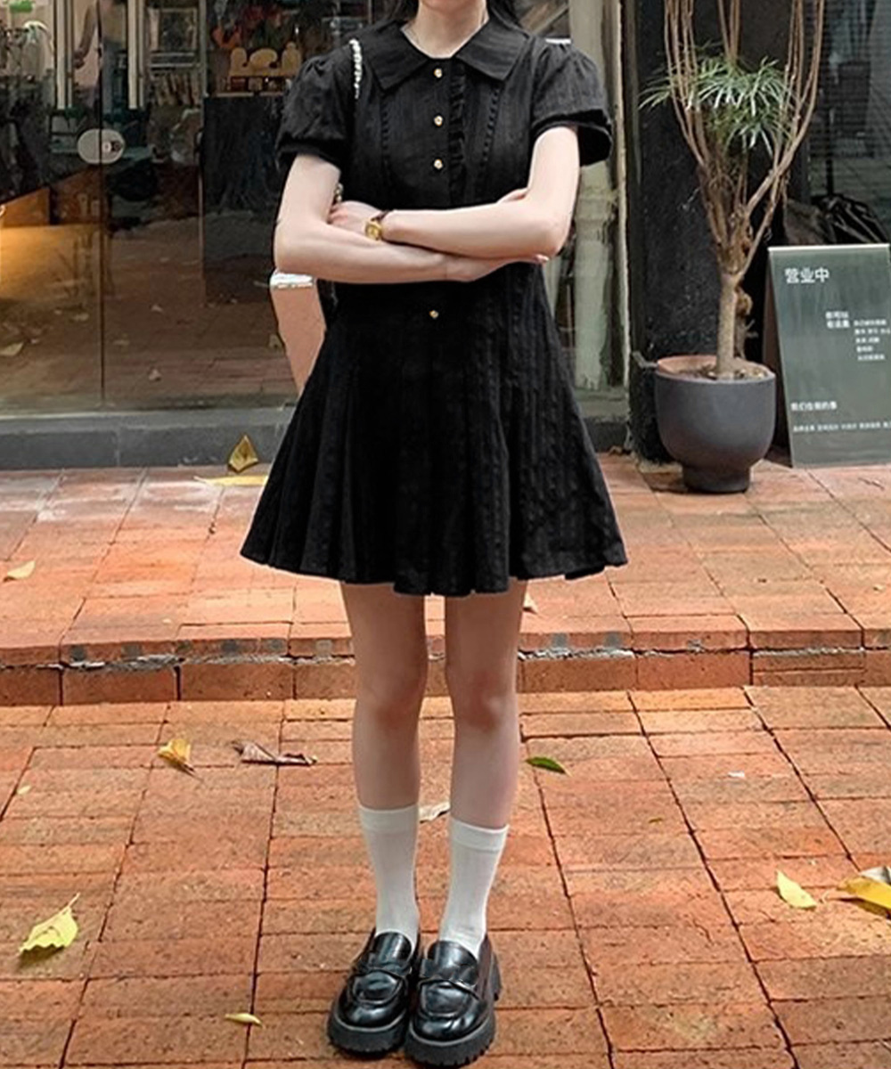 大人かわいい服 プリーツフリル襟ミニワンピース 春夏セット