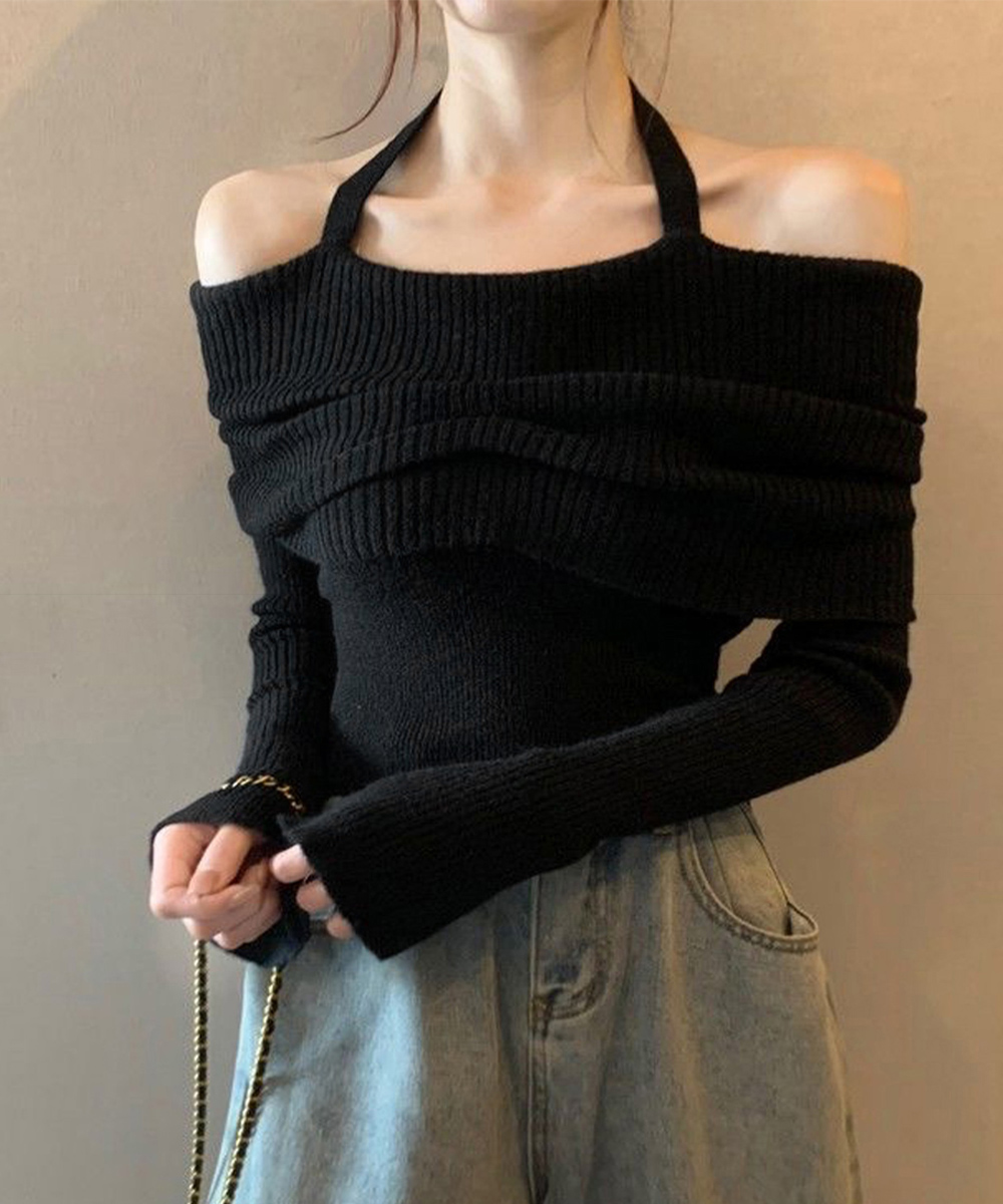大人かわいい服 オフショルダー ホルターネック リブニットトップス