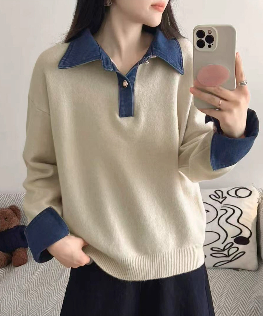 大人かわいい服 デニム切り替えレイヤード風ニットポロ